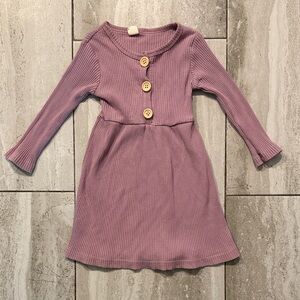 Girls' Mauve Ribbed Long-Sleeve Dress with Button Detail